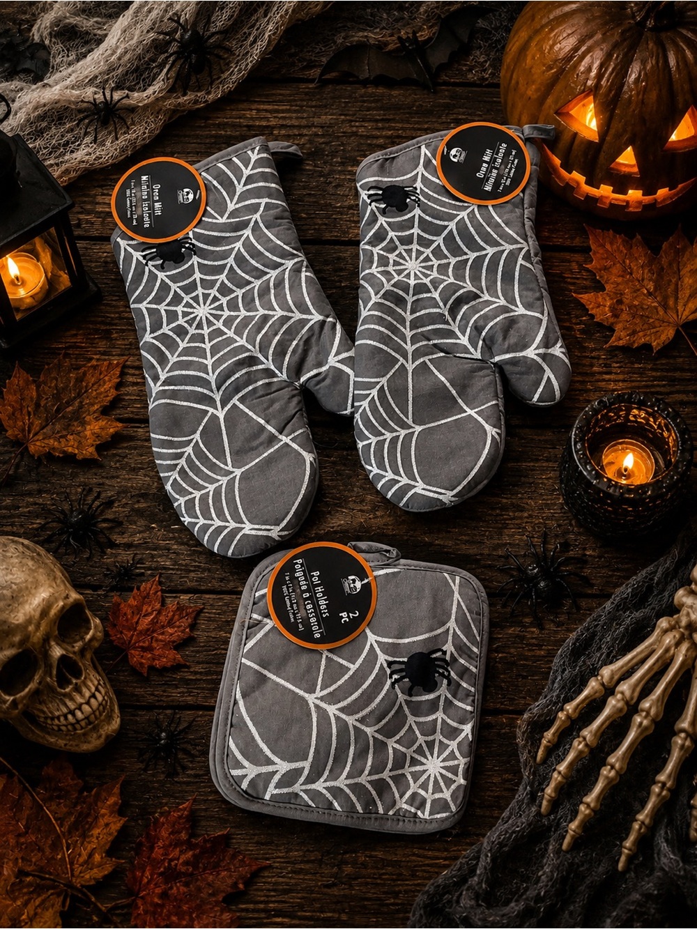 Halloween Spiderweb Oven Mitt & Pot Holder Set - Gray